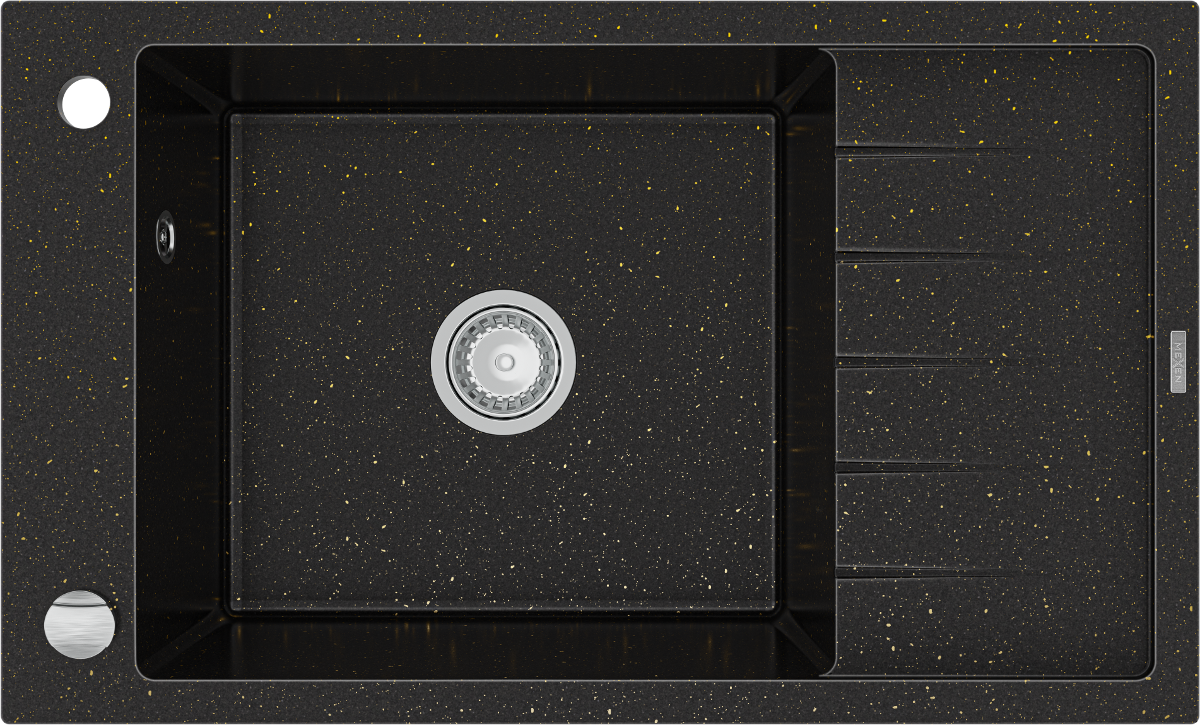 Mexen Elias zlewozmywak granitowy 1-komorowy z ociekaczem 795 x 480 mm, czarny/złoty metalik, syfon chrom - 6511791005-75