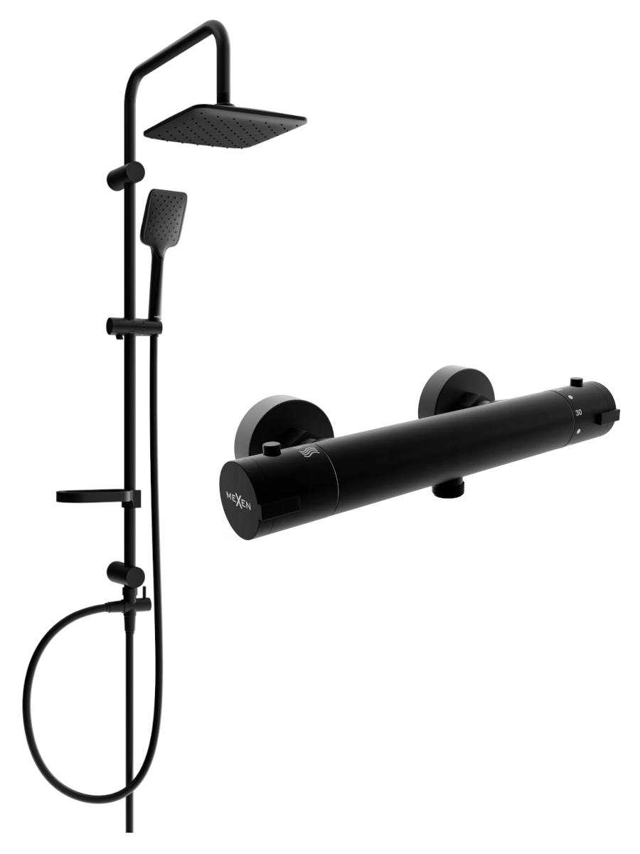 Mexen Sven zestaw prysznicowy natynkowy z deszczownicą i baterią prysznicową termostatyczną Kai, czarny - 77100262-70
