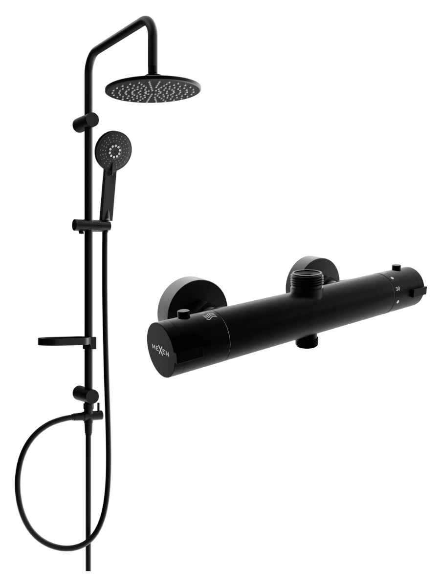 Mexen Carl zestaw prysznicowy natynkowy z deszczownicą i baterią prysznicową termostatyczną Kai, czarny - 77150240-70