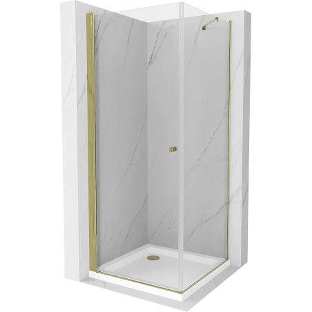 Mexen Pretoria kabina prysznicowa uchylna 80 x 80 cm, transparent, złota + brodzik Flat - 852-080-080-50-00-4010