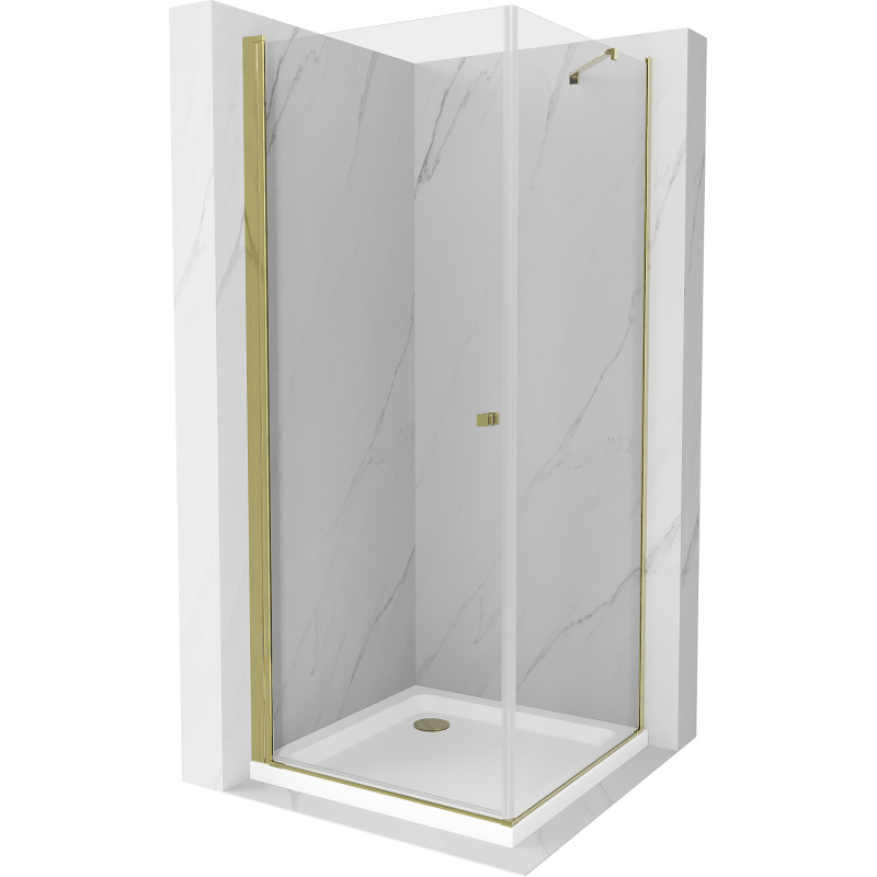 Mexen Pretoria kabina prysznicowa uchylna 90 x 90 cm, transparent, złota + brodzik Flat - 852-090-090-50-00-4010
