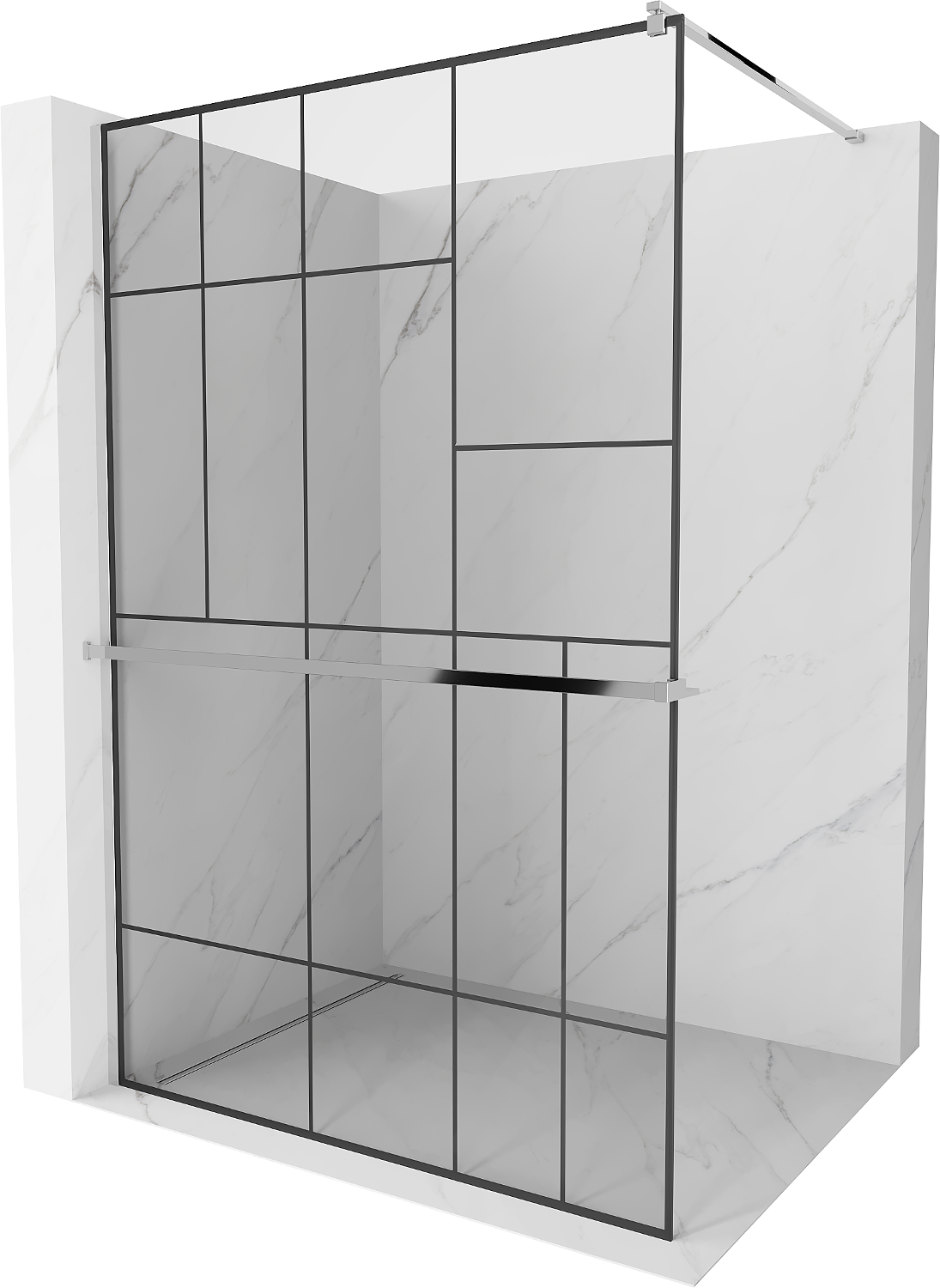 Mexen Kioto+ ścianka prysznicowa z półką i relingiem 70 x 200 cm, transparent/czarny wzór 8 mm, chrom - 800-070-121-01-78