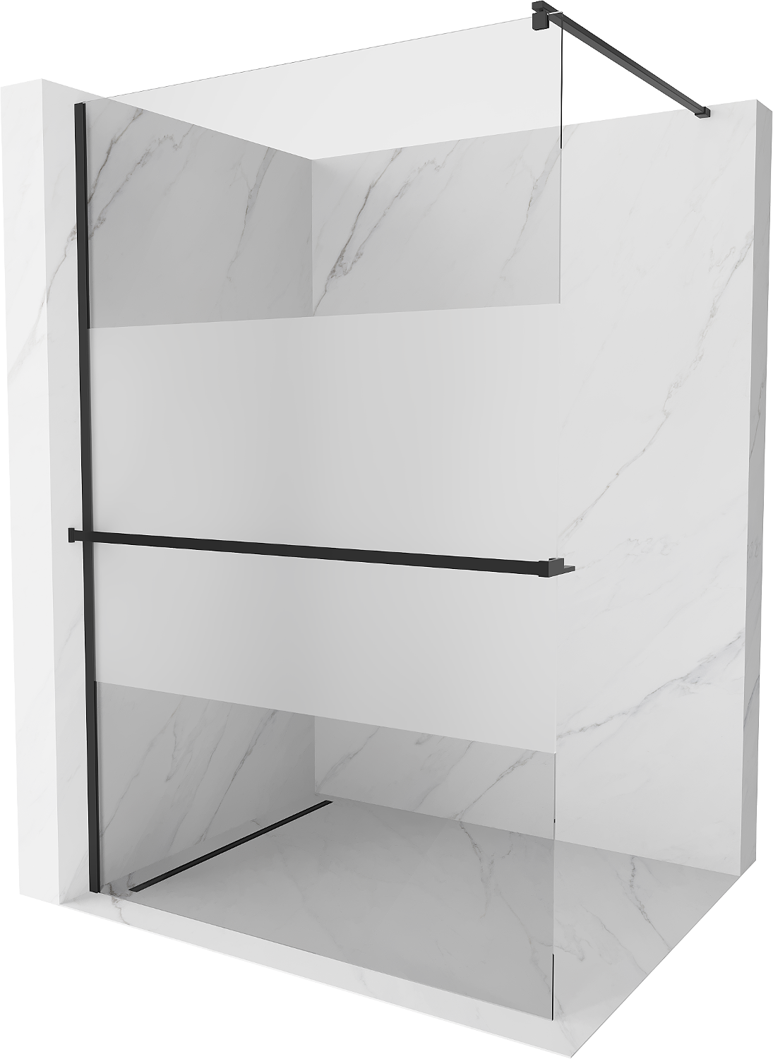 Mexen Kioto+ ścianka prysznicowa z półką i relingiem 80 x 200 cm, transparent/szron 8 mm, czarna - 800-080-121-70-35