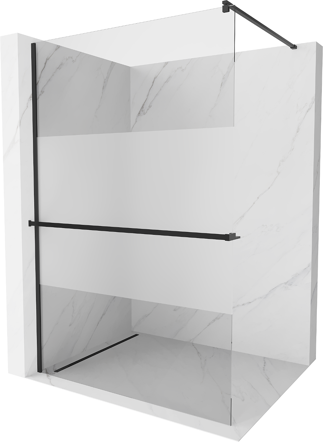 Mexen Kioto+ ścianka prysznicowa z półką i relingiem 90 x 200 cm, transparent/szron 8 mm, czarna - 800-090-121-70-35