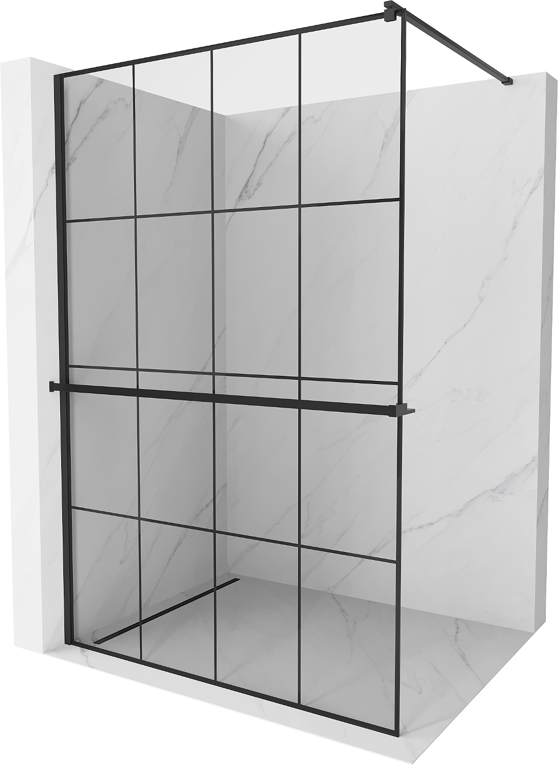 Mexen Kioto+ ścianka prysznicowa z półką i relingiem 130 x 200 cm, transparent/czarny wzór 8 mm, czarna - 800-130-121-70-77
