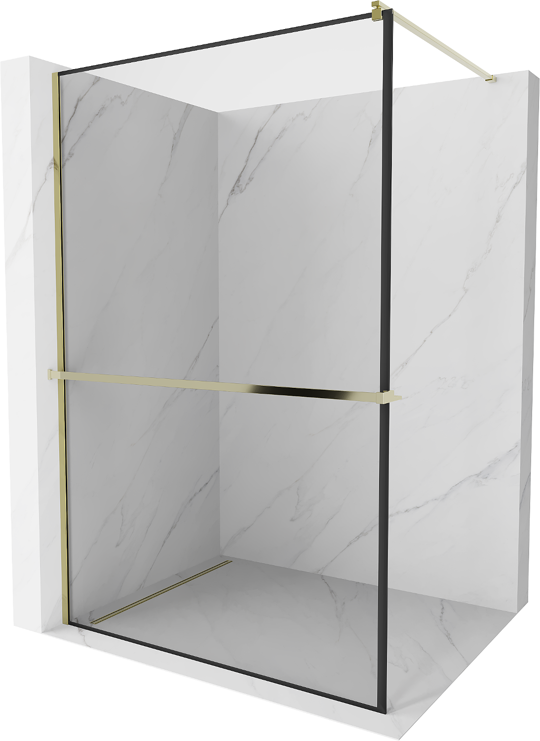 Mexen Kioto+ ścianka prysznicowa z półką i relingiem 80 x 200 cm, transparent/czarny wzór 8 mm, złota - 800-080-121-50-70