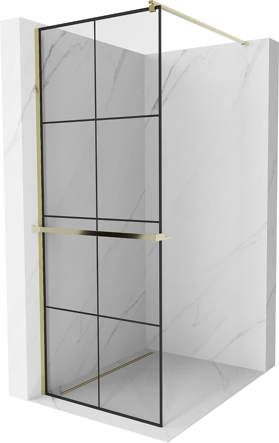Mexen Kioto+ ścianka prysznicowa z półką i relingiem 90 x 200 cm, transparent/czarny wzór 8 mm, złota - 800-090-121-50-77