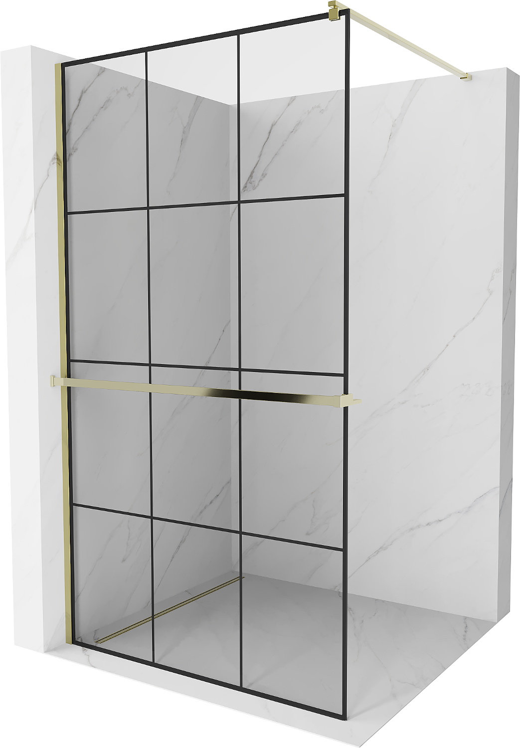 Mexen Kioto+ ścianka prysznicowa z półką i relingiem 110 x 200 cm, transparent/czarny wzór 8 mm, złota - 800-110-121-50-77