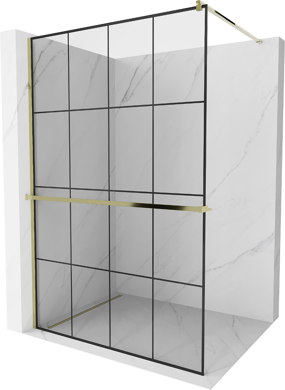 Mexen Kioto+ ścianka prysznicowa z półką i relingiem 130 x 200 cm, transparent/czarny wzór 8 mm, złota - 800-130-121-50-77