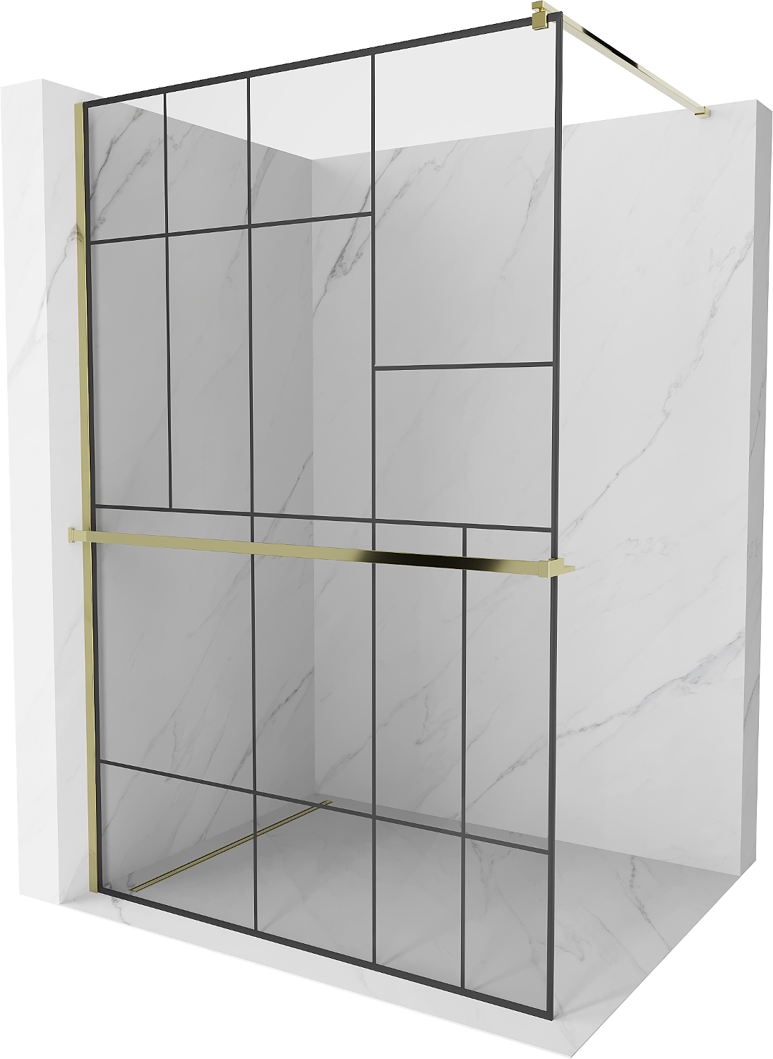 Mexen Kioto+ ścianka prysznicowa z półką i relingiem 90 x 200 cm, transparent/czarny wzór 8 mm, złota - 800-090-121-50-78