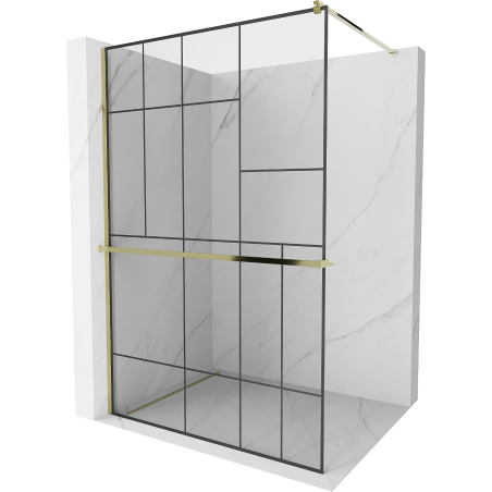 Mexen Kioto+ ścianka prysznicowa z półką i relingiem 110 x 200 cm, transparent/czarny wzór 8 mm, złota - 800-110-121-50-78