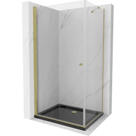 Mexen Pretoria kabina prysznicowa uchylna 80 x 90 cm, transparent, złota + brodzik Flat, czarny - 852-080-090-50-00-4070G