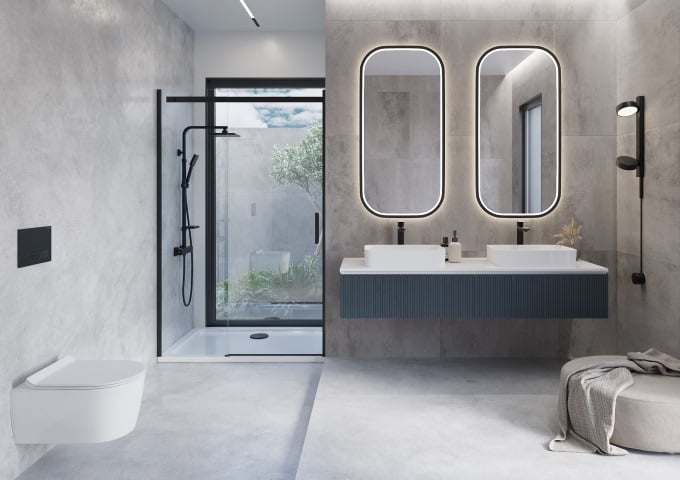 Nowoczesna łazienka z kabiną prysznicową i dwoma umywalkami